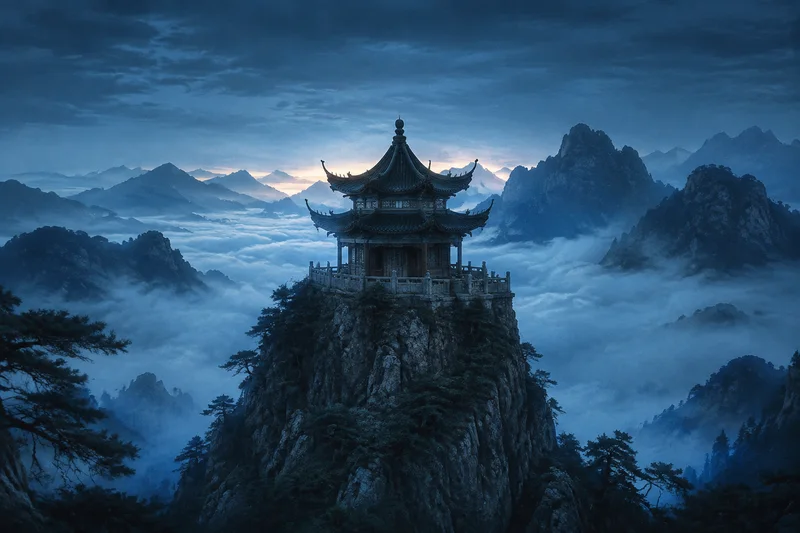 云海上的古风楼阁，AI生成概念图